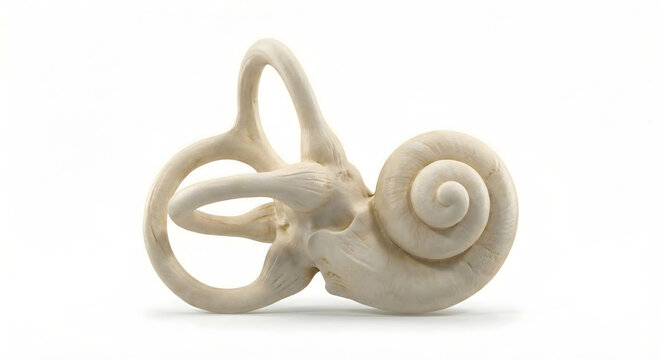 Photorealistic human inner ear cochlea anatomy isolated on white background. Healthy vestibular system model for medical education.
