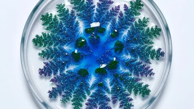 Vibrant blue and green fractal pattern in a petri dish on white background.