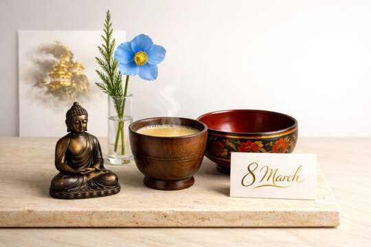 International Women's Day March 8 in Bhutan - Buddha and suja tea on travertine - copy space
