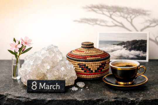 International Women's Day March 8 in Djibouti - Lake Assal salt and coffee on volcanic stone - copy space