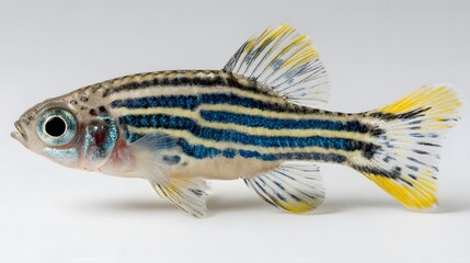 Fototapeta premium Close-up of a vibrant zebra danio fish with distinctive blue and yellow stripes swimming gracefully.