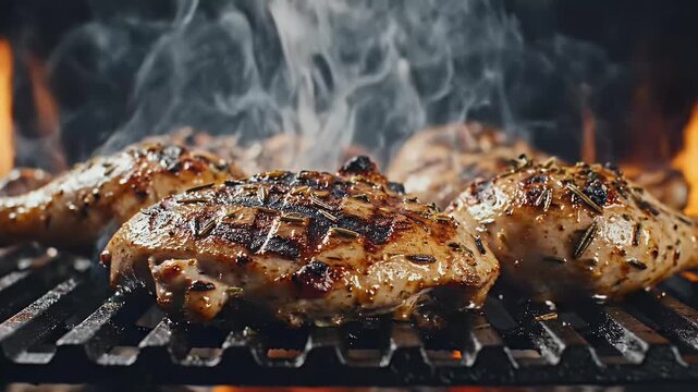 Grilled chicken on a bbq with flames and smoke close up