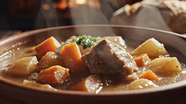 Hearty stew in ceramic bowl with fireplace background