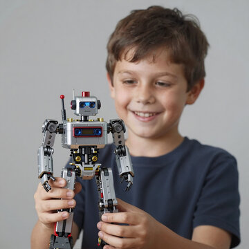 grunge, a young boy beams with pride as he presents his handcrafted robot