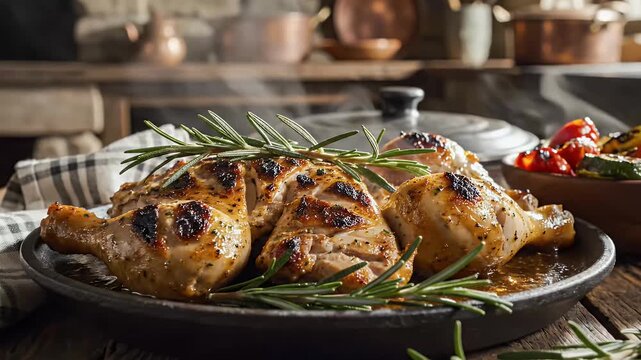 Roasted chicken dish with vegetables on a rustic wooden tabletop