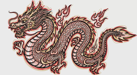 Fototapeta premium Detailed illustration of a majestic Chinese dragon with scales, claws, and fiery accents, depicted in a traditional style.