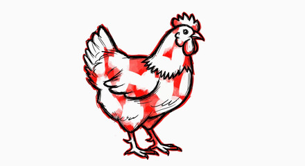 Fototapeta premium A stylized illustration of a chicken with a red and white checkered pattern on its body, standing on a white background.