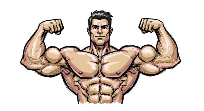 Detailed illustration of a muscular man flexing his biceps and chest, showcasing his strong physique and fitness.