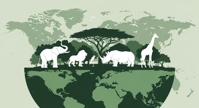 International Day of Forests Global Wildlife Conservation Concept with Diverse African Animals Silhouetted on Earth Map &ndash; Protecting Nature and Biodiversity Worldwide