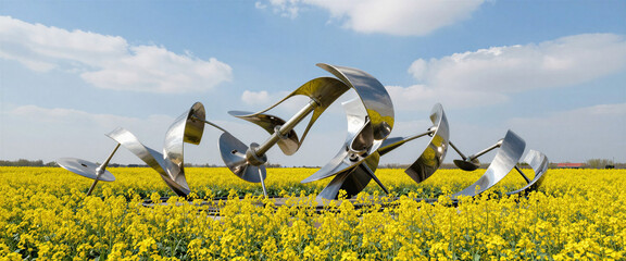 Abstract metal kinetic sculpture in vibrant yellow rapeseed field under blue sky for sustainable energy concept and nature technology harmony