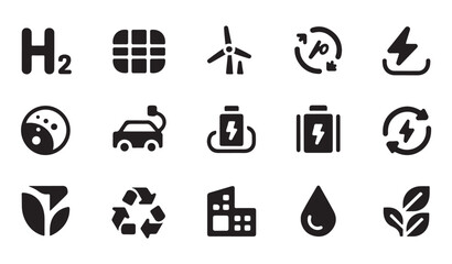 Fototapeta premium Alternative energy icons representing hydrogen fuel solar power wind turbines and electric