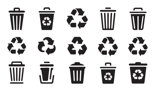 Recycle bin icon set containing various waste containers and triangular recycling symbology