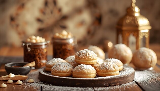 A round wooden tray holds pastries dusted with powdered sugar, suggesting an Eid celebration