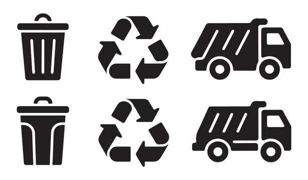 Waste management icons set trash bins recycling symbols garbage trucks environment protection