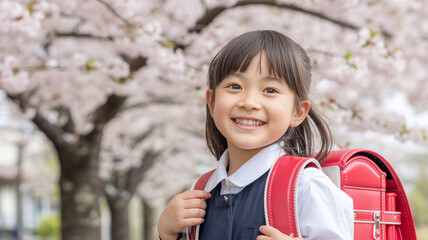 桜と笑顔の小学生の女の子　Generative AI