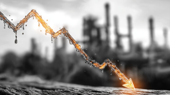 Economic Downturn: A symbolic depiction of financial decline, with a golden arrow plunged downward against a backdrop of an industrial plant, conveying themes of economic downturn, crisis.