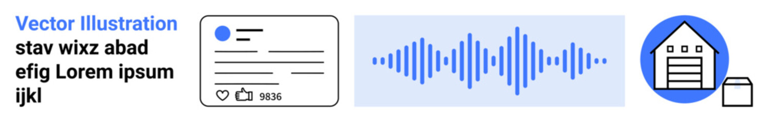 Social media, user interface, digital communication, secure access, data storage, sound waves. Graphic elements of an interface, sound waveform and storage icon. Social media and digital