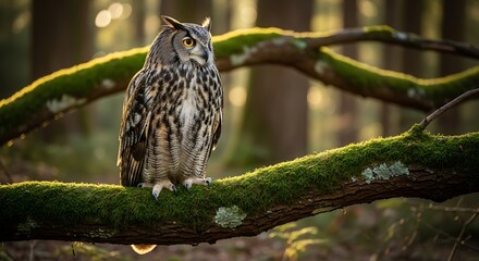 Obraz premium Owl perched on a mossy branch in a forest