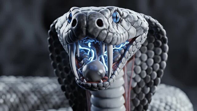 Close-up detailed cinematic portrait of a fierce cobra head with glowing blue electric fangs and visible internal anatomy in dramatic chiaroscuro