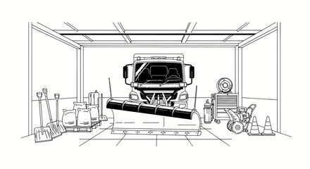 Snow Plow Truck in Garage with Winter Equipment and Supplies © Azis