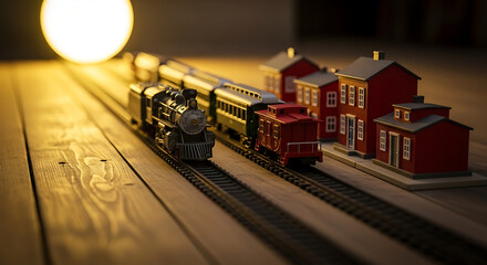 Miniature train with red buildings on wooden tracks.