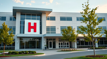 Modern style building with large H sign for hospital