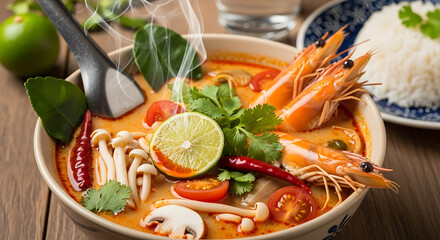 Delicious Thai Tom Yum Soup with Shrimp and Seafood.