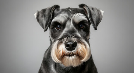 Close-up portrait of a black schnauzer dog with distinctive beard and eyebrows.