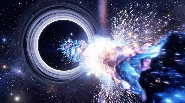 A black hole in space pulling matter from a fiery, molten object