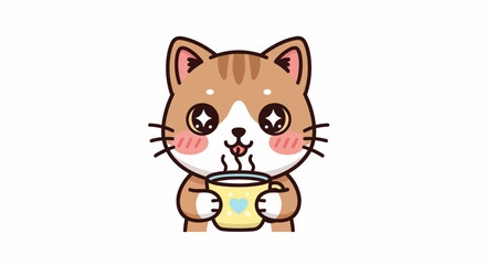 Obraz premium Adorable cartoon cat character with big sparkling eyes happily enjoying a warm beverage in a heart-decorated yellow mug, perfect for cozy and cheerful designs