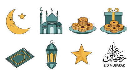 Fototapeta premium Eid Al-Fitr and Eid Al-Adha Islamic holiday symbols and elements for celebration and greeting cards, featuring a crescent moon, mosque, lantern, gift box, prayer mat, and Arabic calligraphy