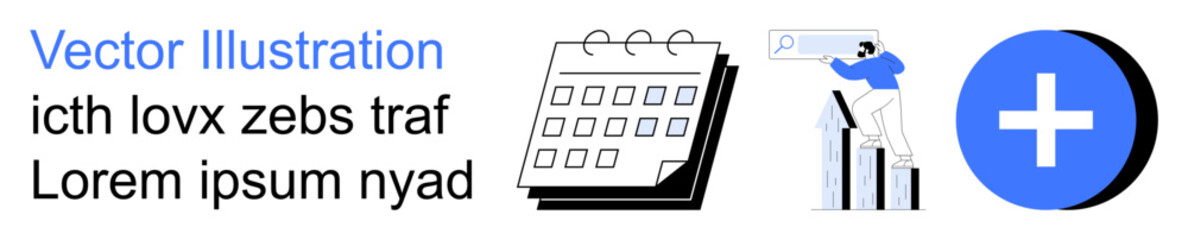 Obraz premium Business planning, data analysis, growth, productivity, scheduling, management. A calendar, person scaling a chart and a plus sign. Business planning and data analysis concepts