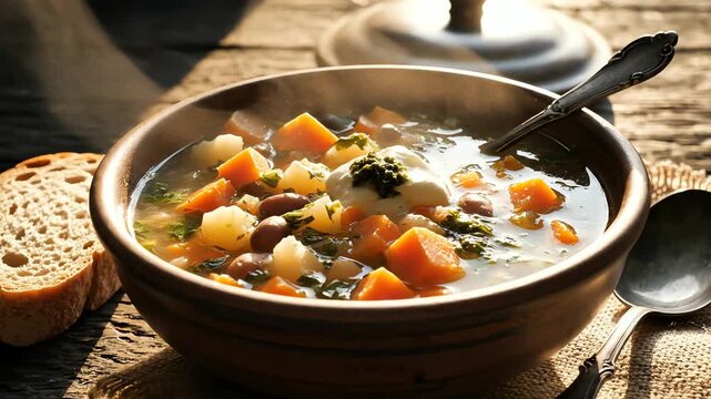 Close up of a bowl of soup with bread on a wooden surface