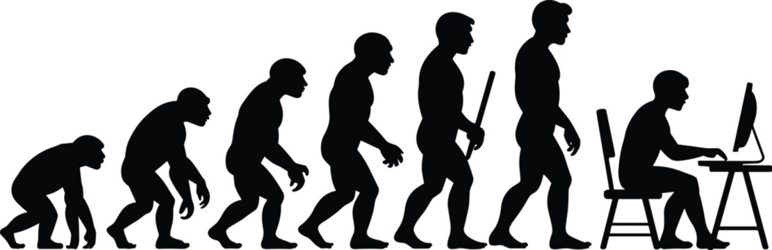 Evolution of man from ape to computer user black silhouette