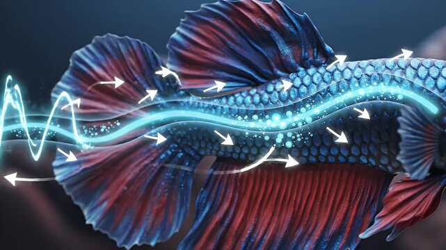 Detailed 3D Render of Betta Fish Anatomy with Scientific Flow Visualization Blue Red Scales Ripples and Arrows Illustrating Biological Process