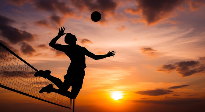 Silhouette of a volleyball player jumping to hit the ball at sunset.