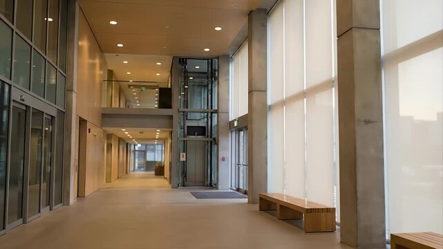Modern office building interior hallway with natural light and elevator.