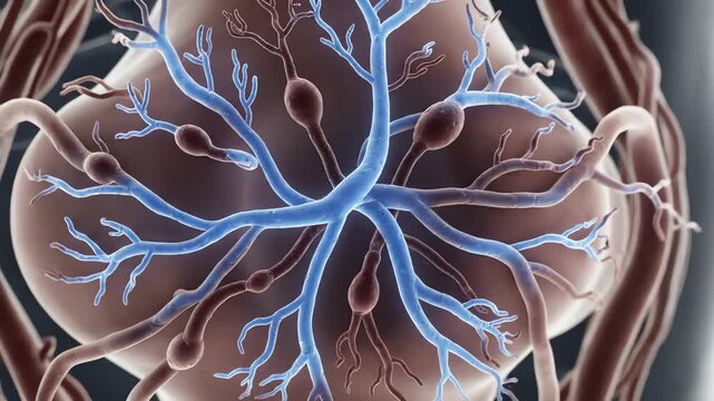 Blood vessels surrounding the joint capsule, initially dilated and pulsing brightly due to inflammation. Anti-inflammatory molecules reduce chemical signaling, causing the vessel glow to cool 