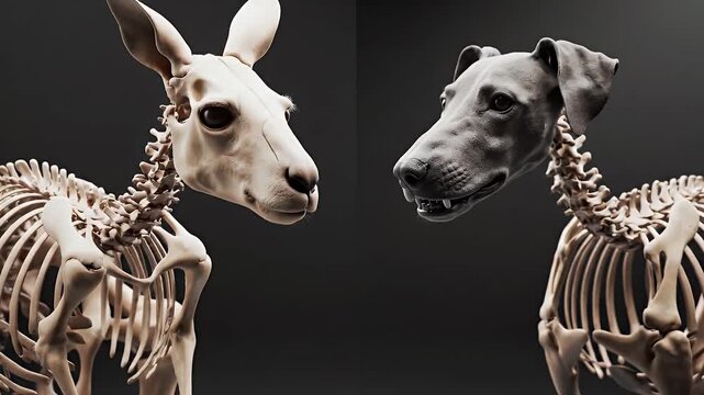Detailed Anatomical 3D Renders Showcase Comparative Skeletal Structures of Kangaroo and Dog Against a Dark Studio Background
