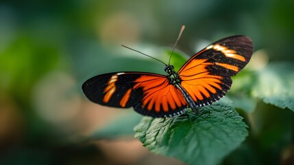 Obraz premium Vibrant Postman Butterfly Perched on a Green Leaf in a Lush Environment.