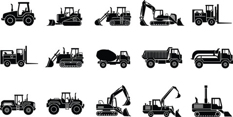Construction heavy machinery silhouette icon set excavator bulldozer tractor dump truck cement mixer forklift industrial vehicle vector illustration collection pack © Menara