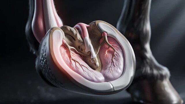 Detailed Anatomical Cross-Section of a Horse Hoof Showing Bones Tendons and Vascular System in Realistic Medical Illustration Style