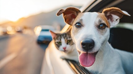 Obraz premium Dog and cat enjoying car ride with scenic sunset background