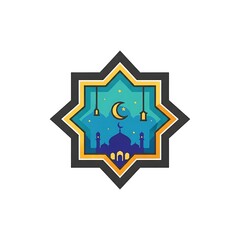 Islamic Star Symbol with Mosque and Crescent.