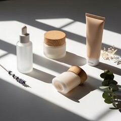Naklejka premium Elegant skincare product arrangement with natural elements in soft light