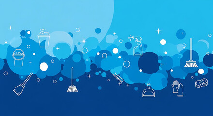 Cleaning supplies and tools arranged in a creative blue background.