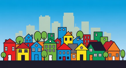 Colorful cartoon houses and buildings in a vibrant neighborhood.