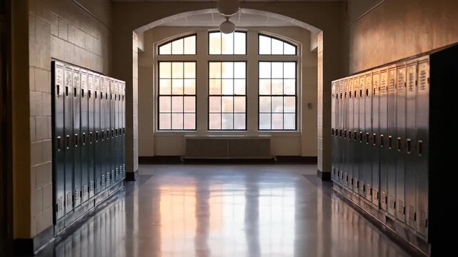 Empty School Hallway Bathed in Warm Sunset Light with Lockers Greet.
