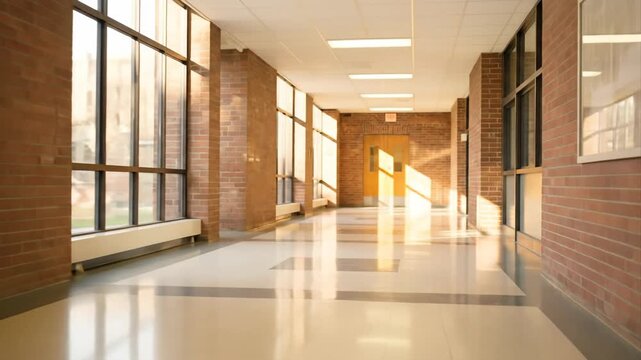 Sunlit School Hallway with Warm Light, Brick Walls, and Empty Corridor.