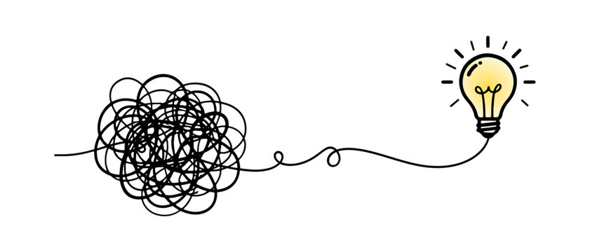 Conceptual hand drawn doodle of tangled thread transforming into glowing light bulb
